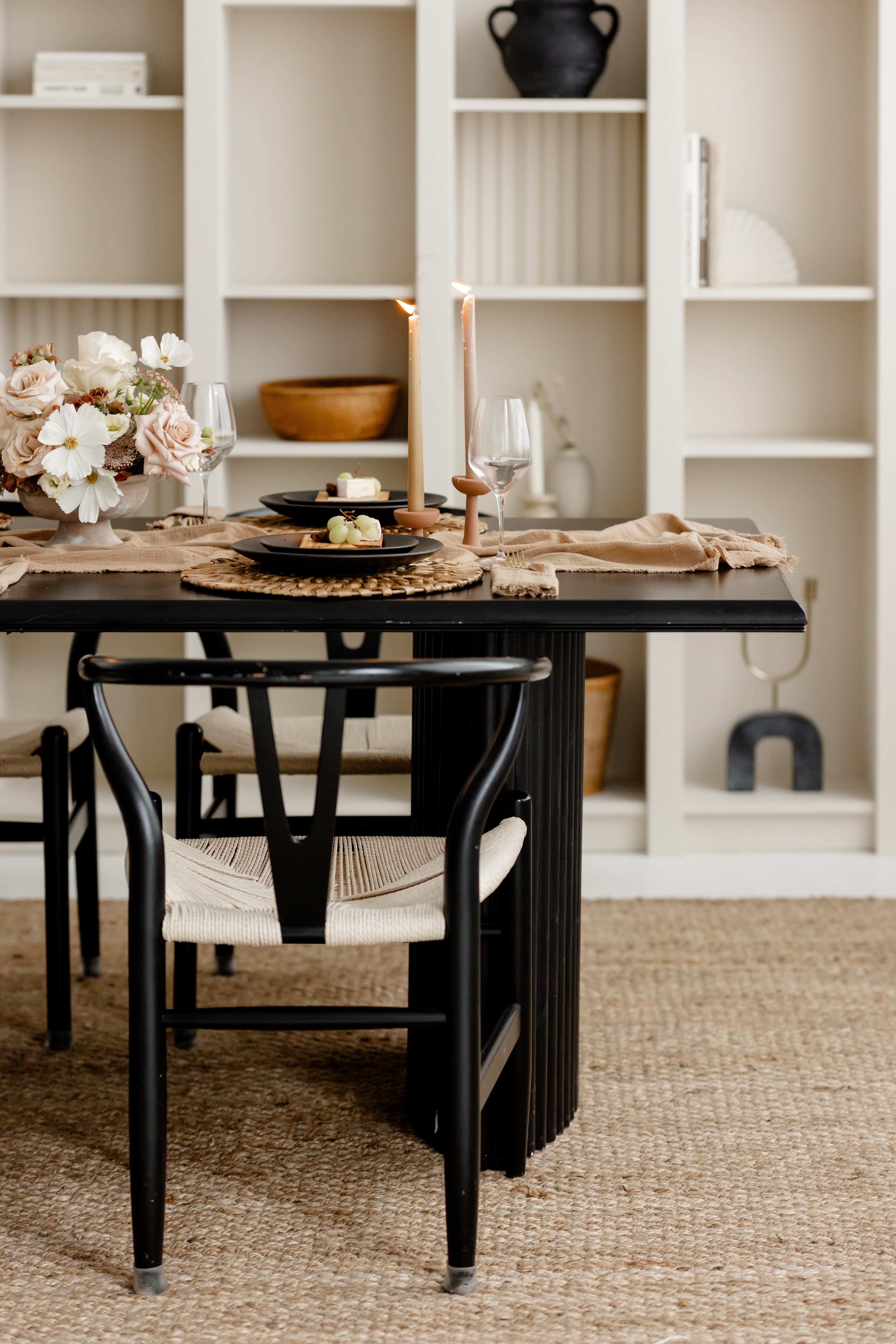midnight table scape set shown on a black table top and black herringbone chair as featured in the jilly box