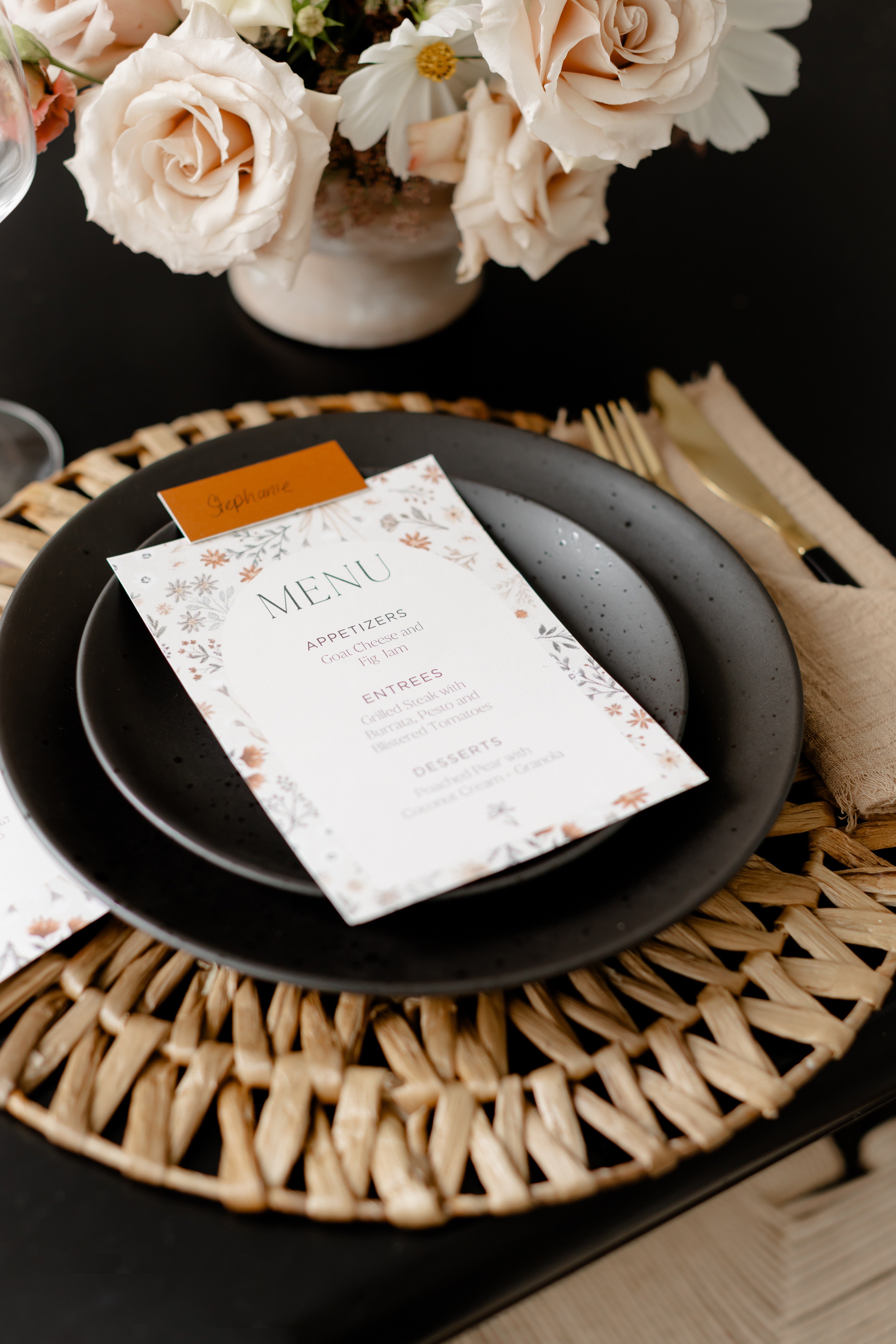 havest printable menu and place card shown on black plate setting with natural woven charger