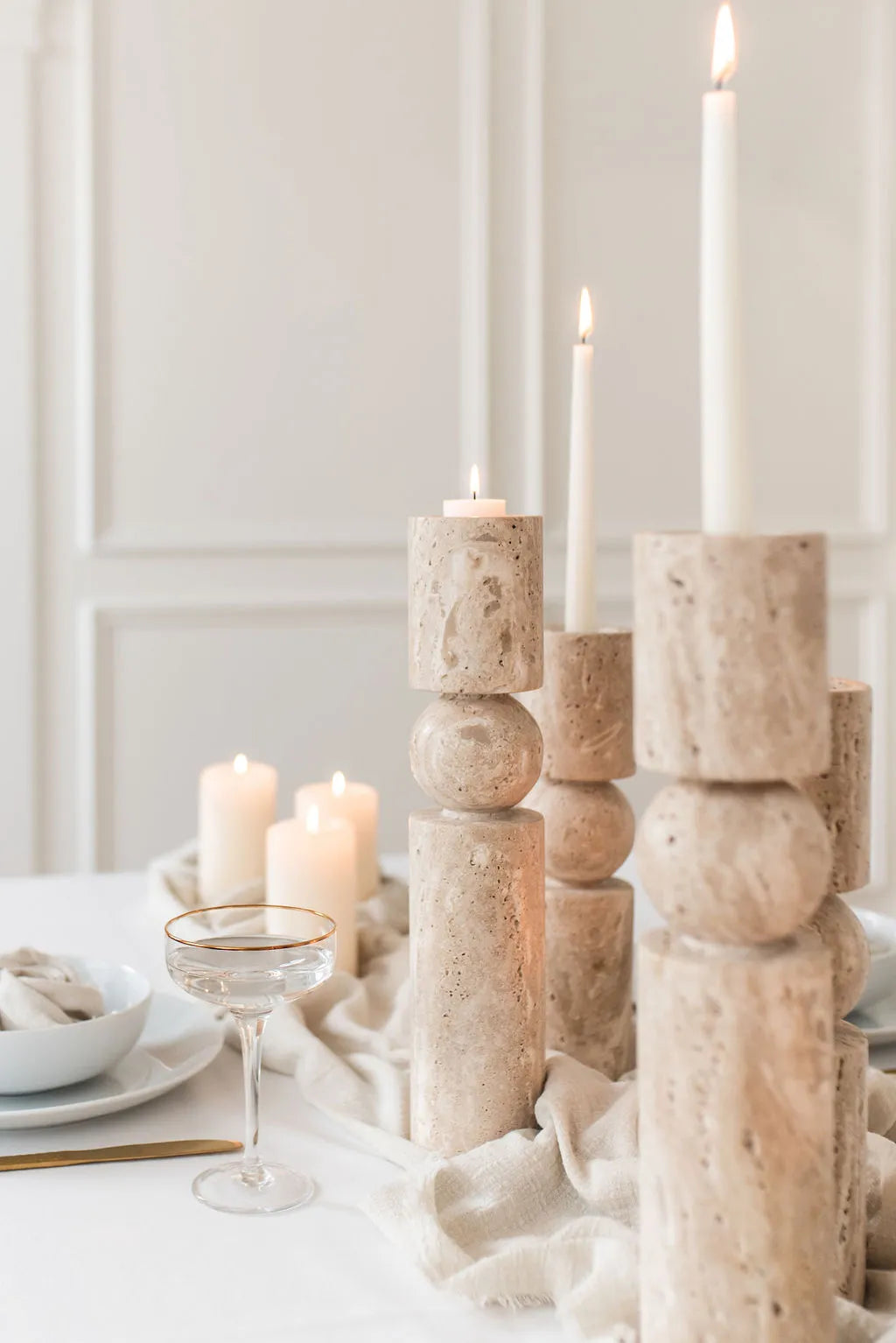 Ecru Travertine Stone Candle Holder - Thumbnail 4