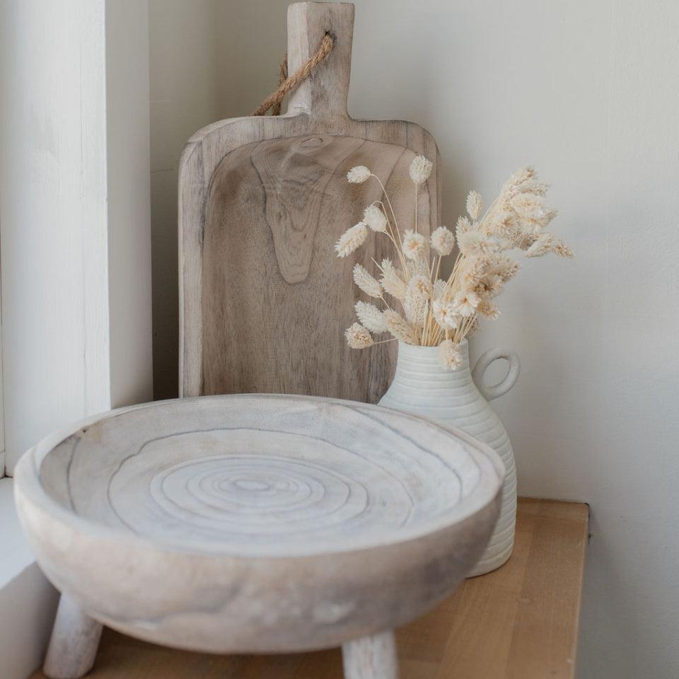 seaside footed wooden bowl shown with the sandy wooden scoop tray and jug vase